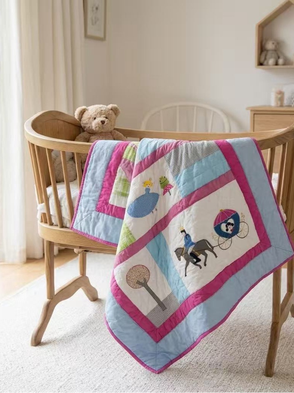 Handmade Happily Ever After Applique Baby/Toddler Cotton Crib Quilt Hand stitch
